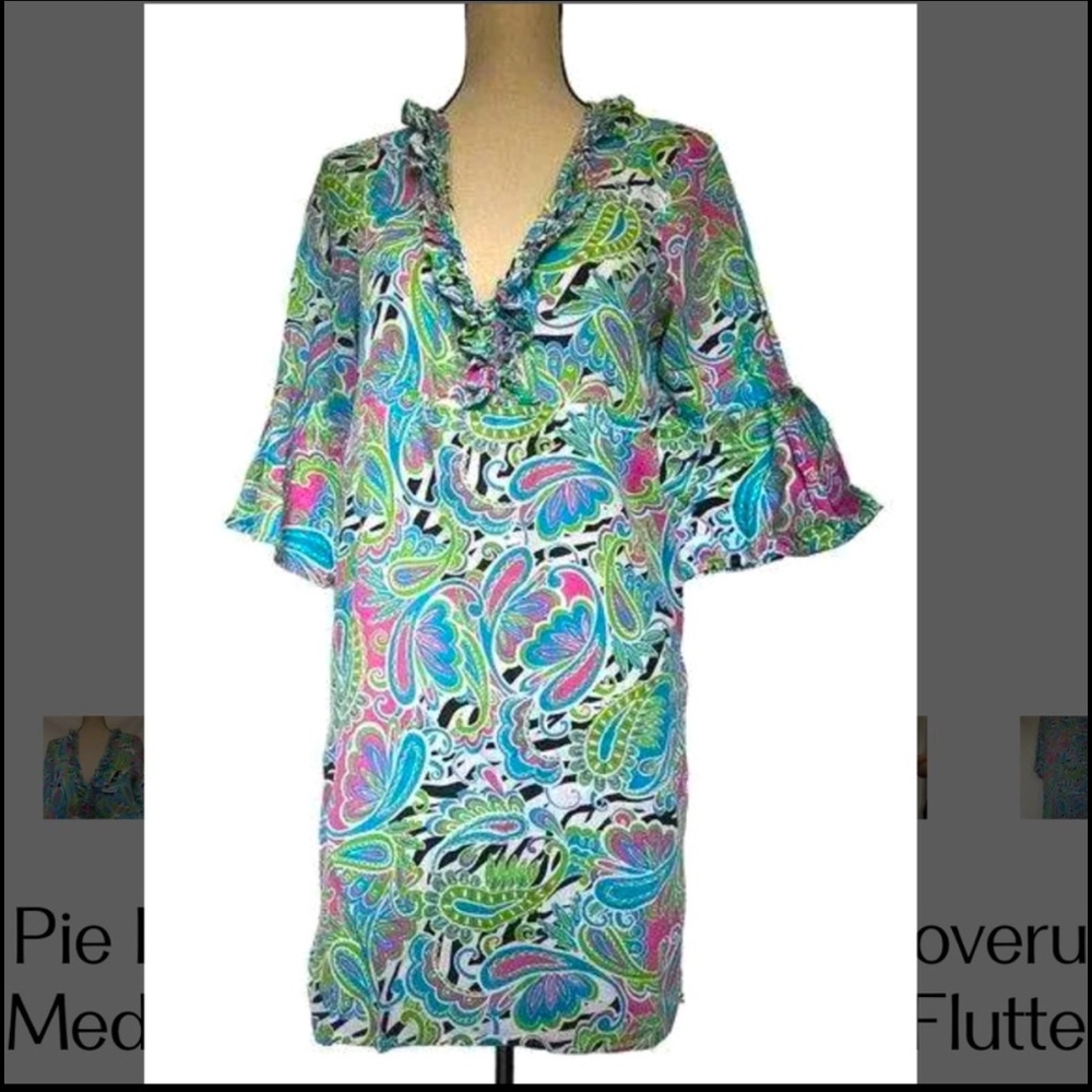 Mud Pie Bag Lady Linen Dress Coverup Size Medium Blue Paisley Ruffle Flutter